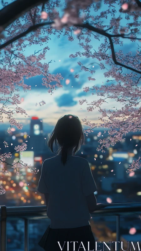 Twilight balcony dreamer beneath drifting sakura petals.