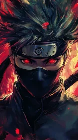 Masked shinobi portrait with blazing crimson eyes