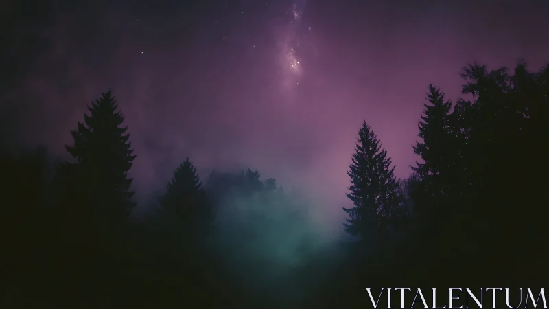 Coniferous forest silhouettes beneath starlit purple night sky.