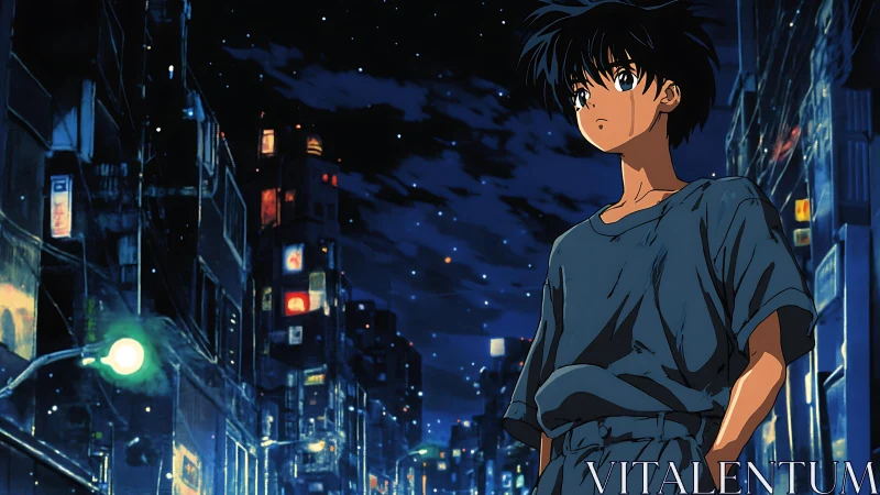 City lights cradle a thoughtful anime boy under a starry sky