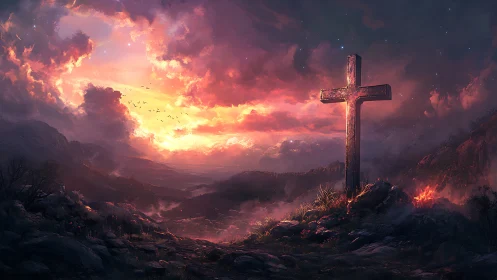 Weathered cross on rocky hill under vivid sunset sky.