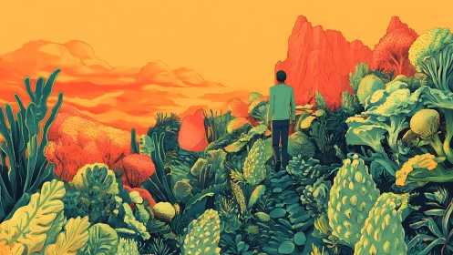 Surreal botanical landscape with lone figure and molten sky.