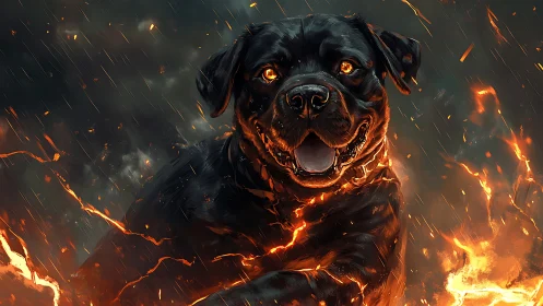 Inferno-hearted rottweiler sprints joyfully through molten sparks
