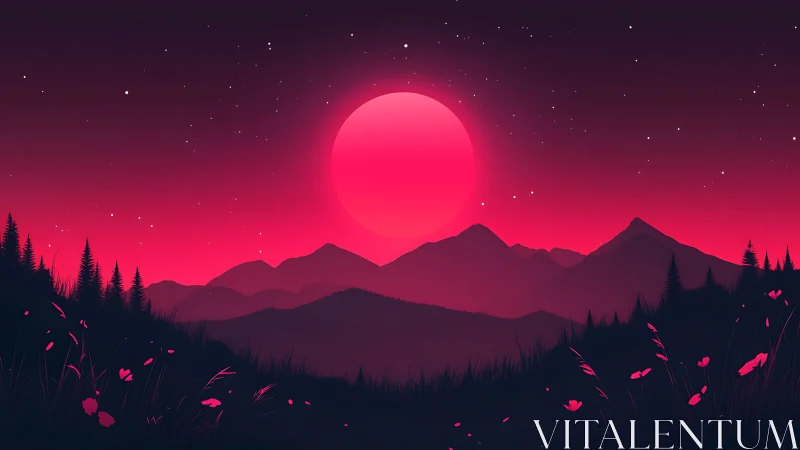 Neon magenta moonrise over layered alpine silhouettes.