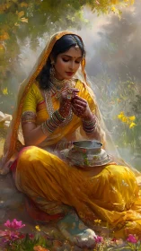 Detailed bridal henna study in luminous rural garden light.