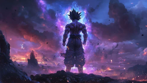 Powerful warrior silhouette in cosmic storm landscape.