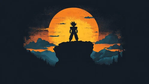 Silhouetted figure stands on rocky cliff before large sun