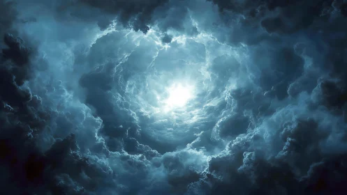 Luminous storm vortex opens in swirling midnight clouds.