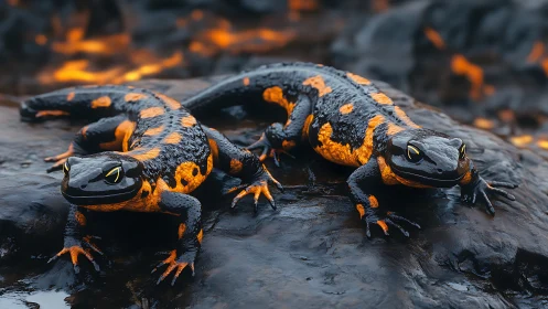 Friendly fire salamanders resting on warm glossy rocks.