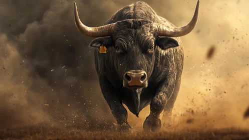 Charging black bull emerges through swirling dust storm.