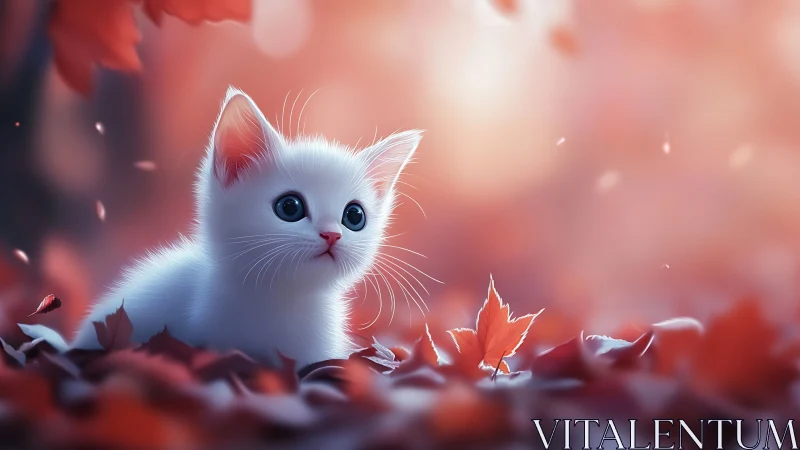 Ivory Kitten Discovers Wonder Among Falling Autumn Leaves