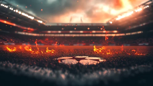 Fiery football pitch center under dramatic stadium lights.