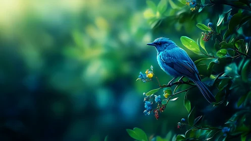 Vibrant Blue Bird on Lush Green Branch, Digital Art Style.