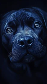 Low-key digital portrait of a dog in blue chiaroscuro tones.