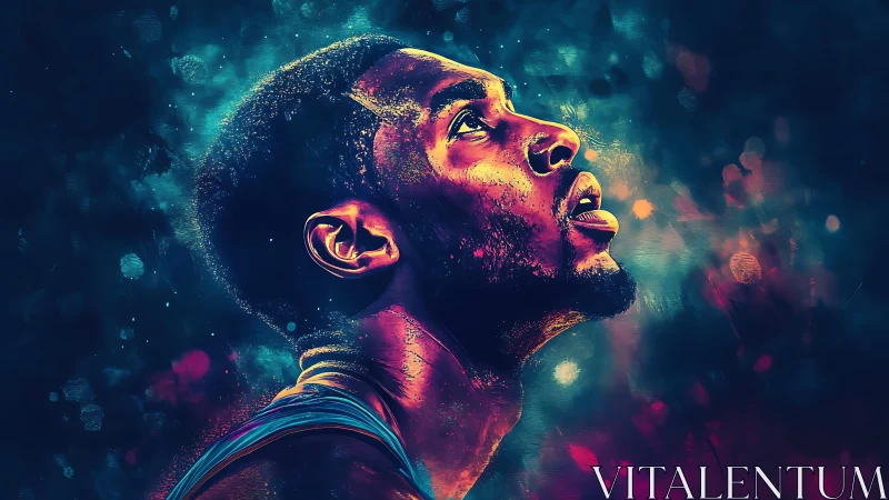 Neon-lit athlete gazes upward, carved from electric color storms