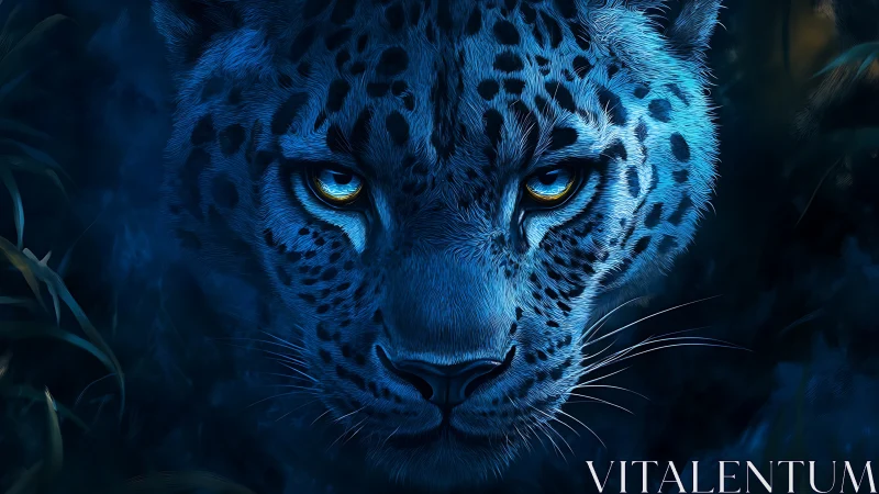 Blue leopard portrait with golden luminescent eyes.