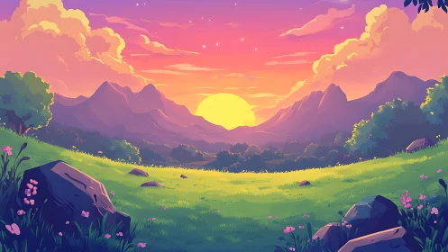 Sunlit valley meadow glows beneath stylized pastel sunset