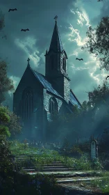 Twilight church garden where mist and memory drift together.