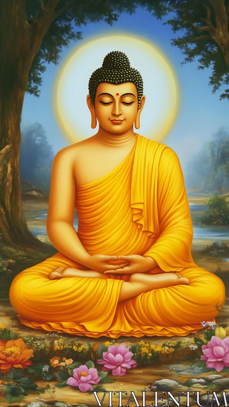 Serene seated Buddha in radiant golden robes amid lotuses.