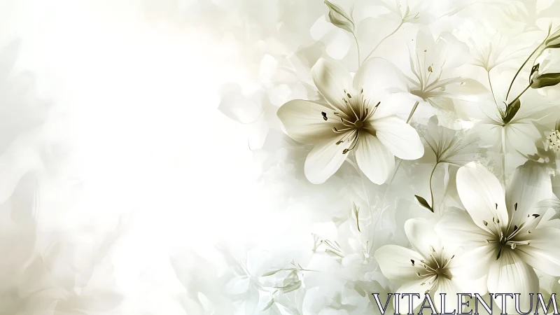 Delicate white lilies with bronze stamens in soft botanical composition.