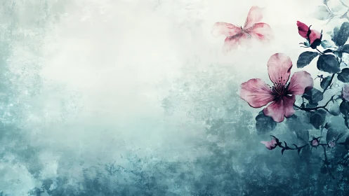 Delicate Pink Flowers in Misty Turquoise Atmosphere