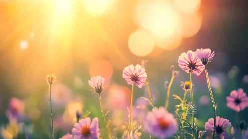 Pink wildflowers in soft focus under strong backlighting.