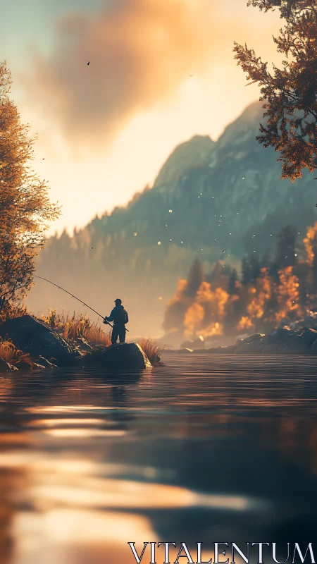 Backlit angler on riverbank with atmospheric depth and bokeh haze