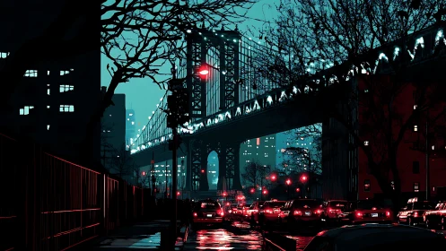 Urban bridge and traffic corridor under teal night lighting.