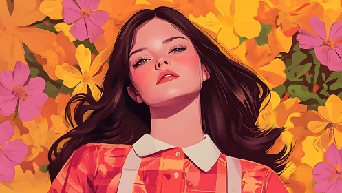 Sunlit brunette portrait amid saturated floral backdrop.