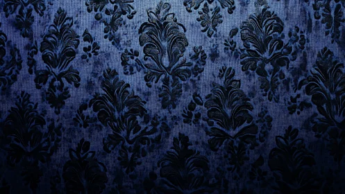 Dark blue damask textile shows repetitive ornamental pattern