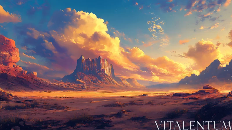 Sunlit desert mesa rises beneath glowing evening clouds.