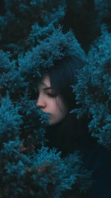Moody portrait of young woman framed by teal conifer foliage