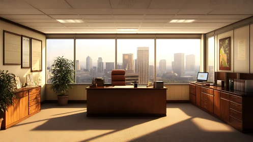 Sunlit corner office throne above a glowing cityscape.