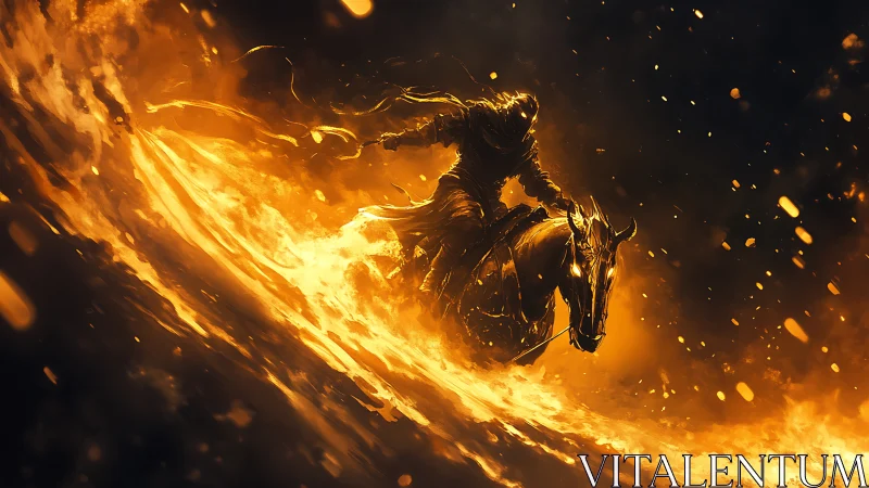 Flaming spectral rider charging through swirling inferno.