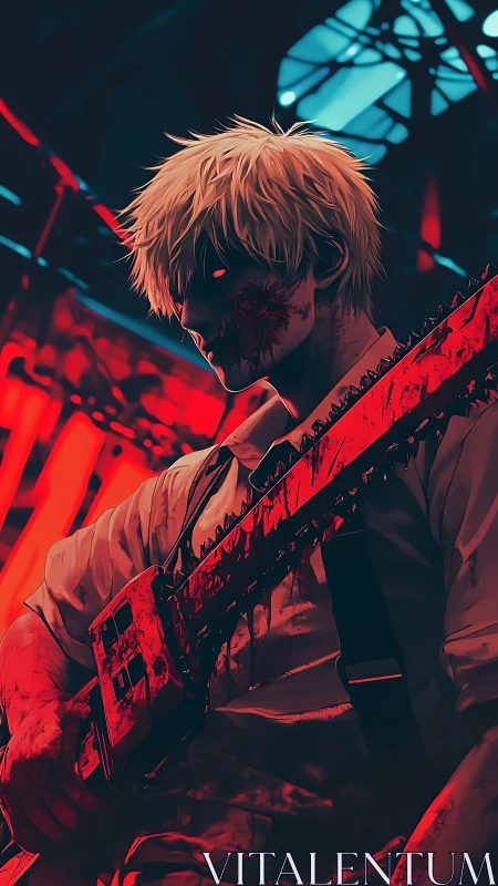 Blood-soaked anime slayer holding chainsaw in neon inferno.