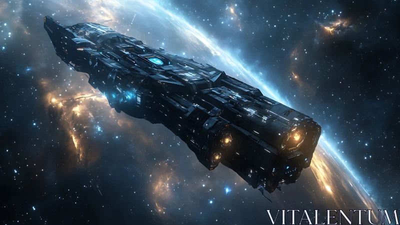 Massive starship glides above glowing nebula horizon