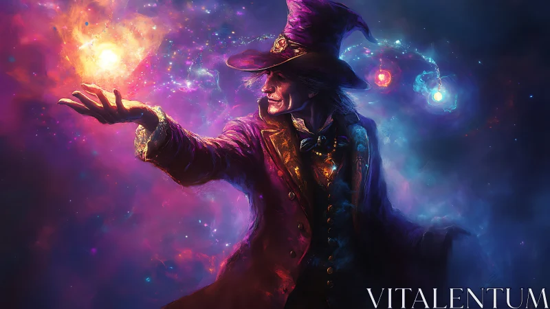 Wizard in purple coat conjures glowing orbs in cosmic void