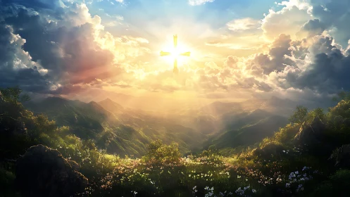 Sunlit mountain valley with symbolic cross-shaped light beams.