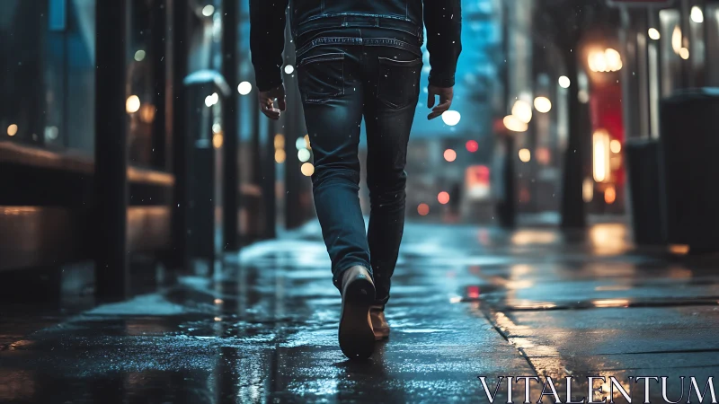 Rainy city evening stroll along glowing wet pavements.