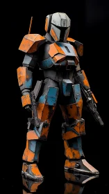 Battleworn orange mech sentinel poised in midnight silence.