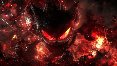 Volumetric-lit dark creature emerges from molten particle storm