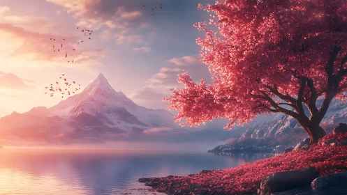 Gentle sunrise beneath rosy tree beside quiet crystal lake.