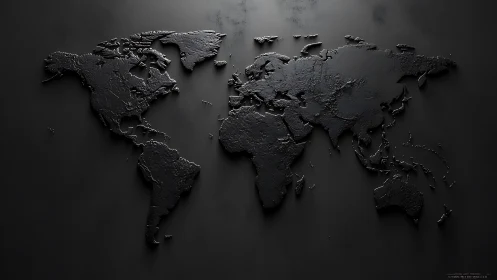 Textured black world map emerging from matte shadowed wall.