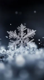 Macro view of isolated hexagonal snowflake in soft focus.