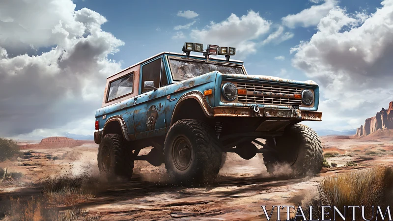 Rugged blue off-road truck powers through desert dust clouds.