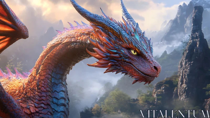 Radiant mountain dragon basking in morning misty light.