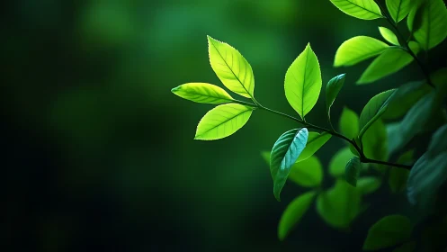 Vibrant green leaves on branch with soft natural light, nature style.
