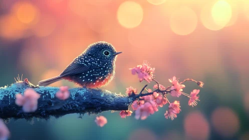 Small speckled bird on cherry blossom branch, dreamy pastel bokeh.