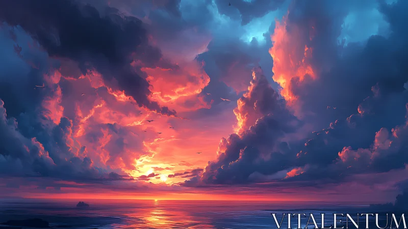 Spectral cumulonimbus over oceanic horizon at chromatic sunset.