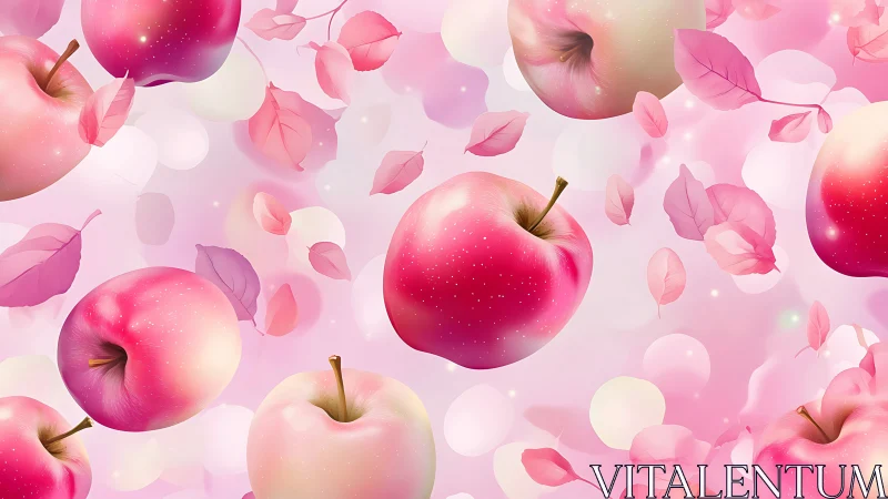 Pink apples drifting among pastel leaves in soft bloom.